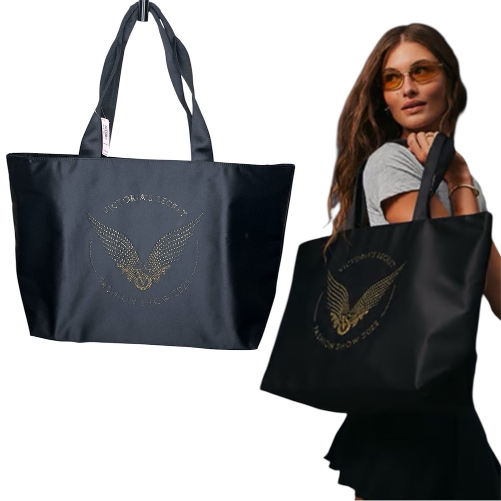 Victoria's Secret Black Tote with Gold Studded Wing rhinestones